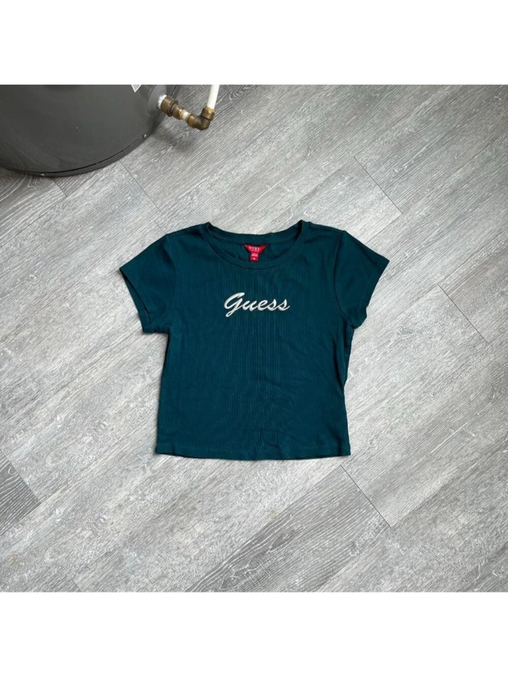 Teal Blue / Silver Guess Y2K Ribbed / Embroidered Baby Tee / T-Shirt